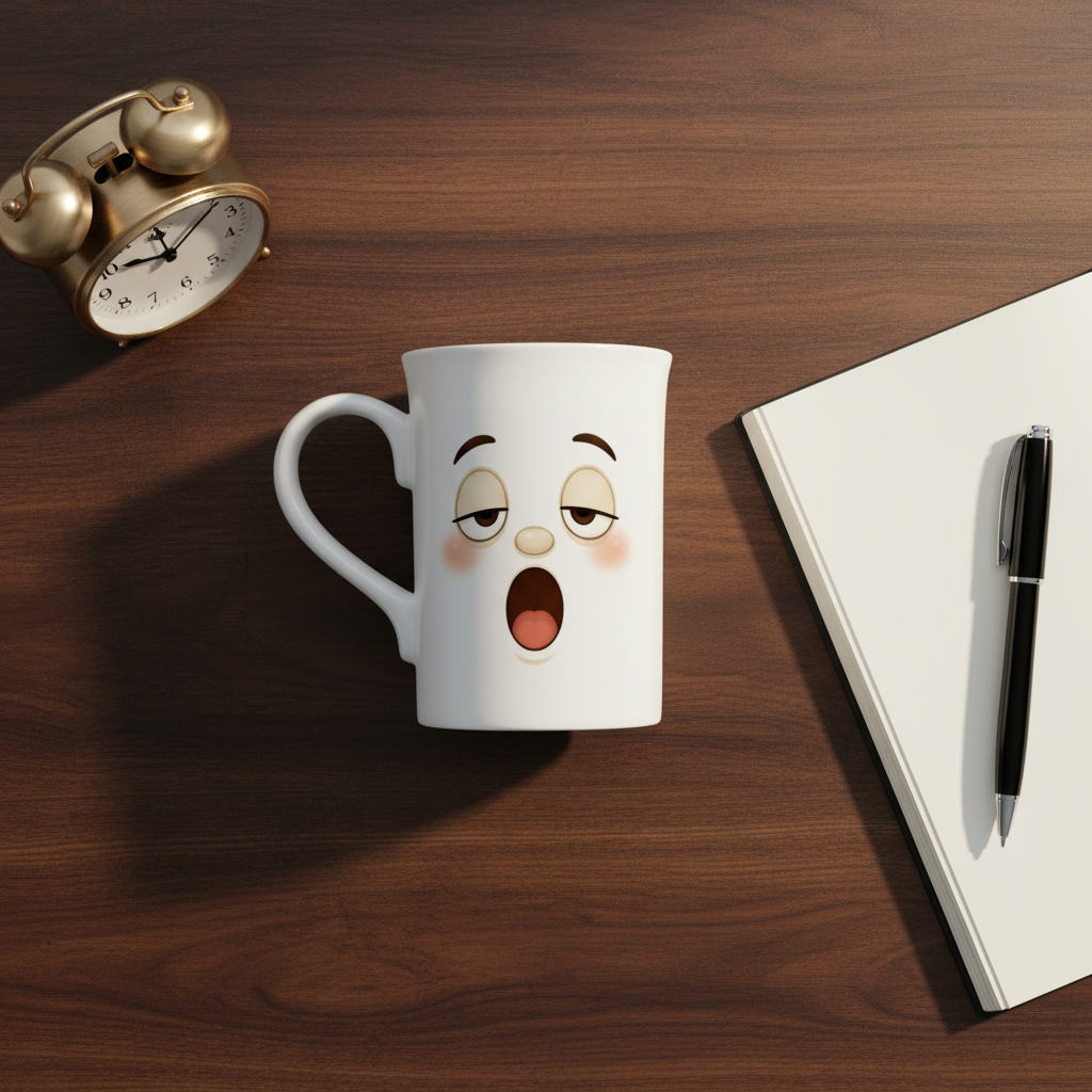 Mug en céramique blanche au visage kawaii, posé sur un bureau en bois.