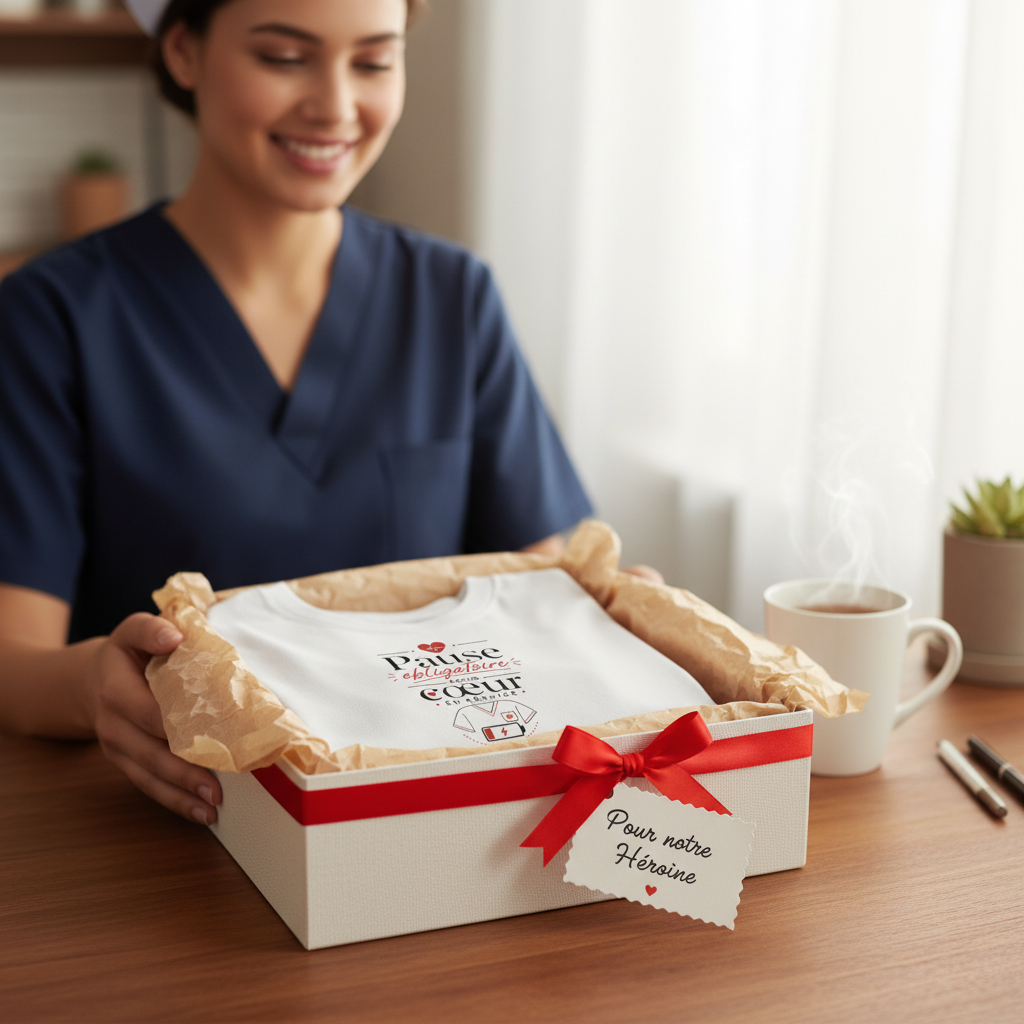 T-shirt blanc plié dans une boîte cadeau, impression cœur rouge « Pause obligatoire ».