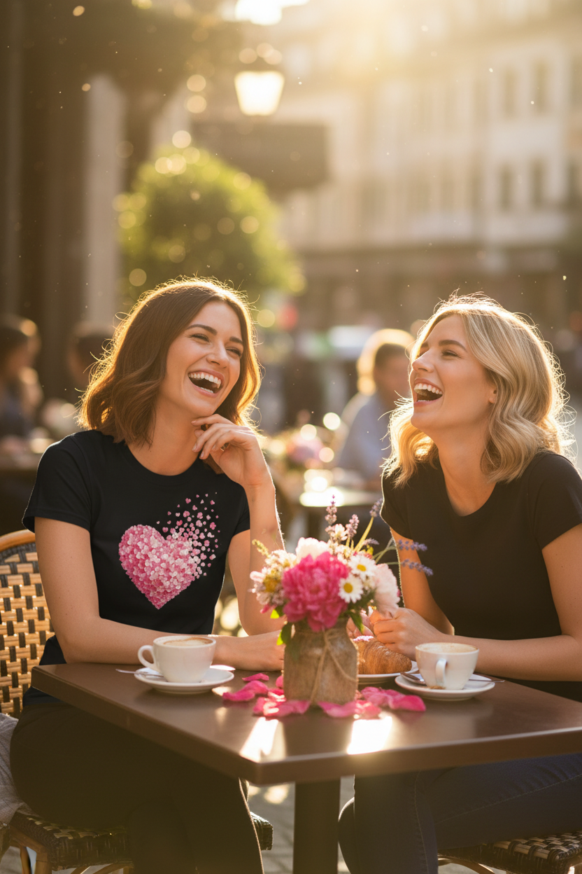T-shirt femme noir à cœur en sequins roses sur la poitrine, col rond