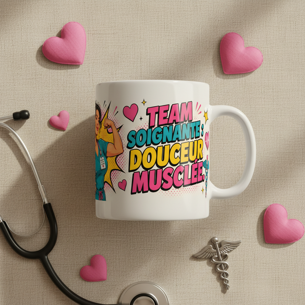 Mug blanc avec texte « Team soignante » et cœurs roses, stéthoscope en dessous