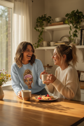 Femme portant un sweatshirt bleu ciel humour tête du matin dans une cuisine chaleureuse avec une amie