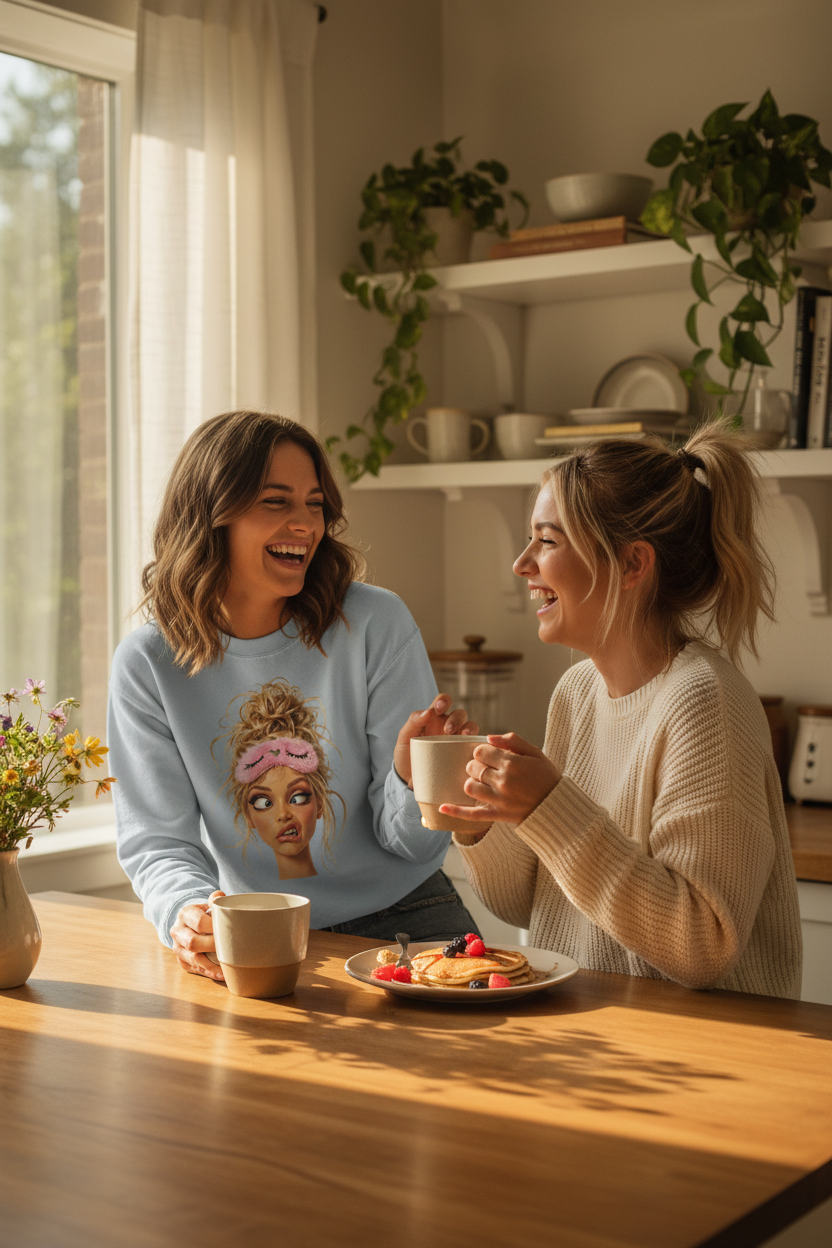 Femme portant un sweatshirt bleu ciel humour tête du matin dans une cuisine chaleureuse avec une amie
