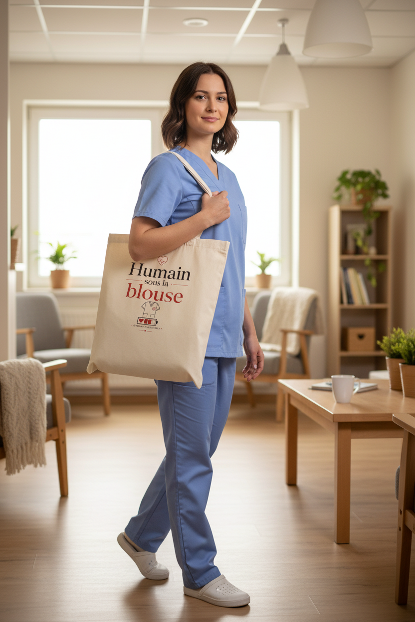 Tote bag en toile écrue avec anses et motif imprimé « Humain sous la blouse »