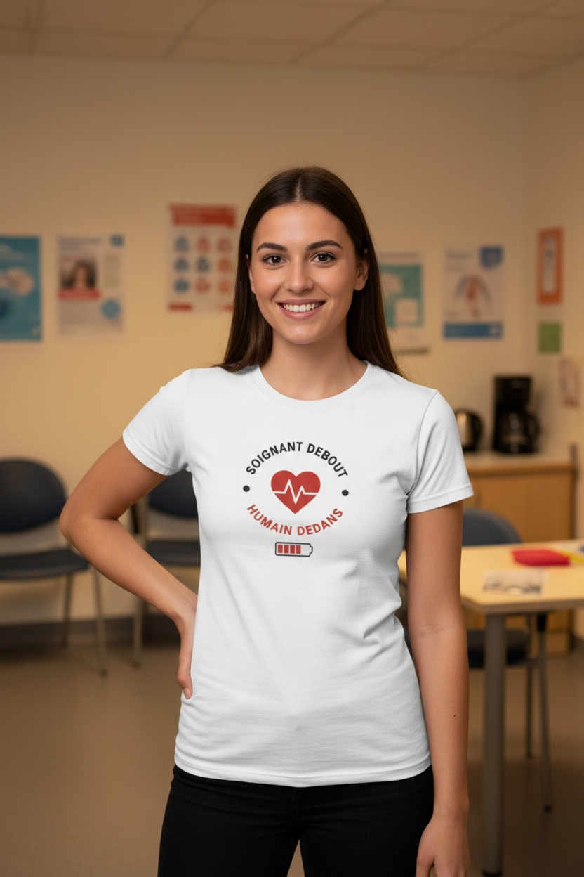 T-shirt blanc à col rond porté par une femme, imprimé cœur rouge ECG et texte rouge « HumaIn ».