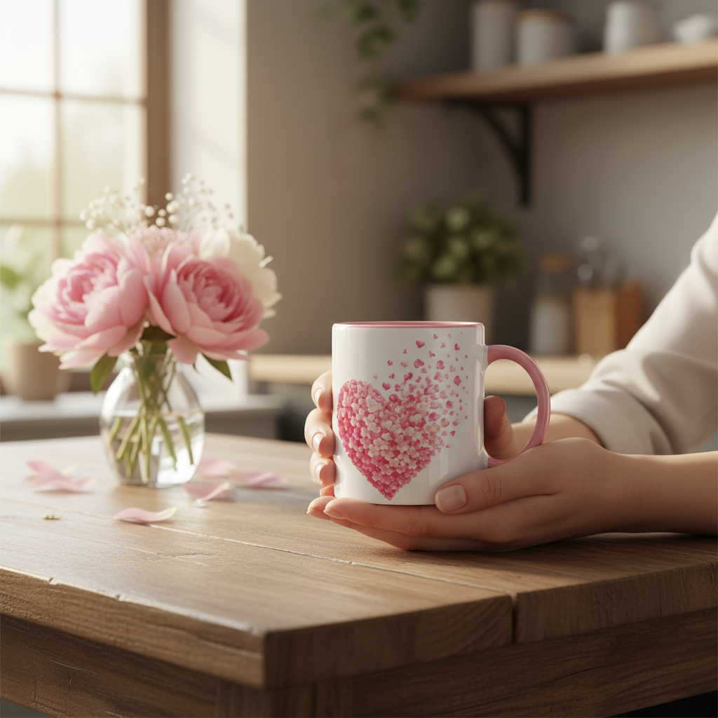 Mug blanc à anse rose, motif cœur rose et éclats de petits cœurs