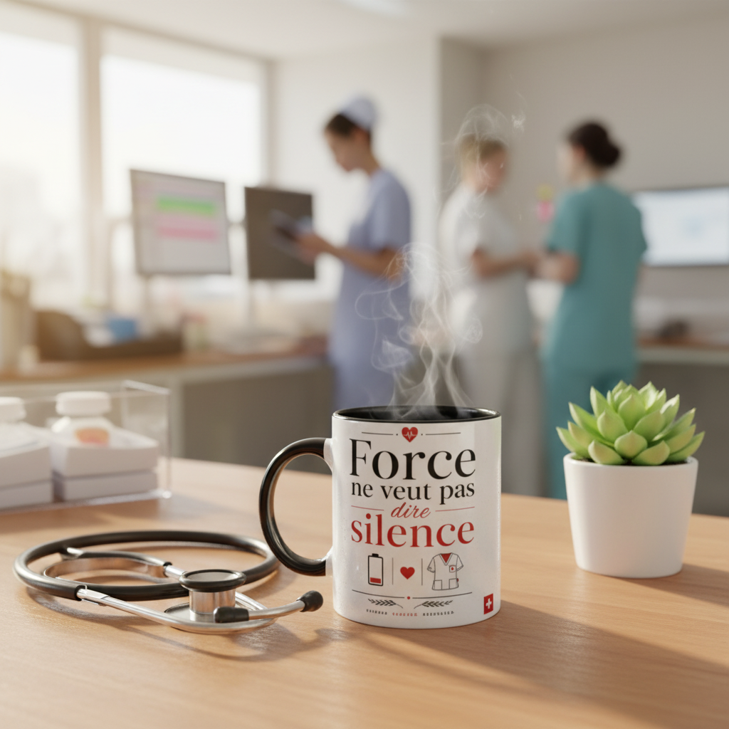 Mug céramique blanc, anse et bord noirs, impression « Force ne veut pas dire silence »