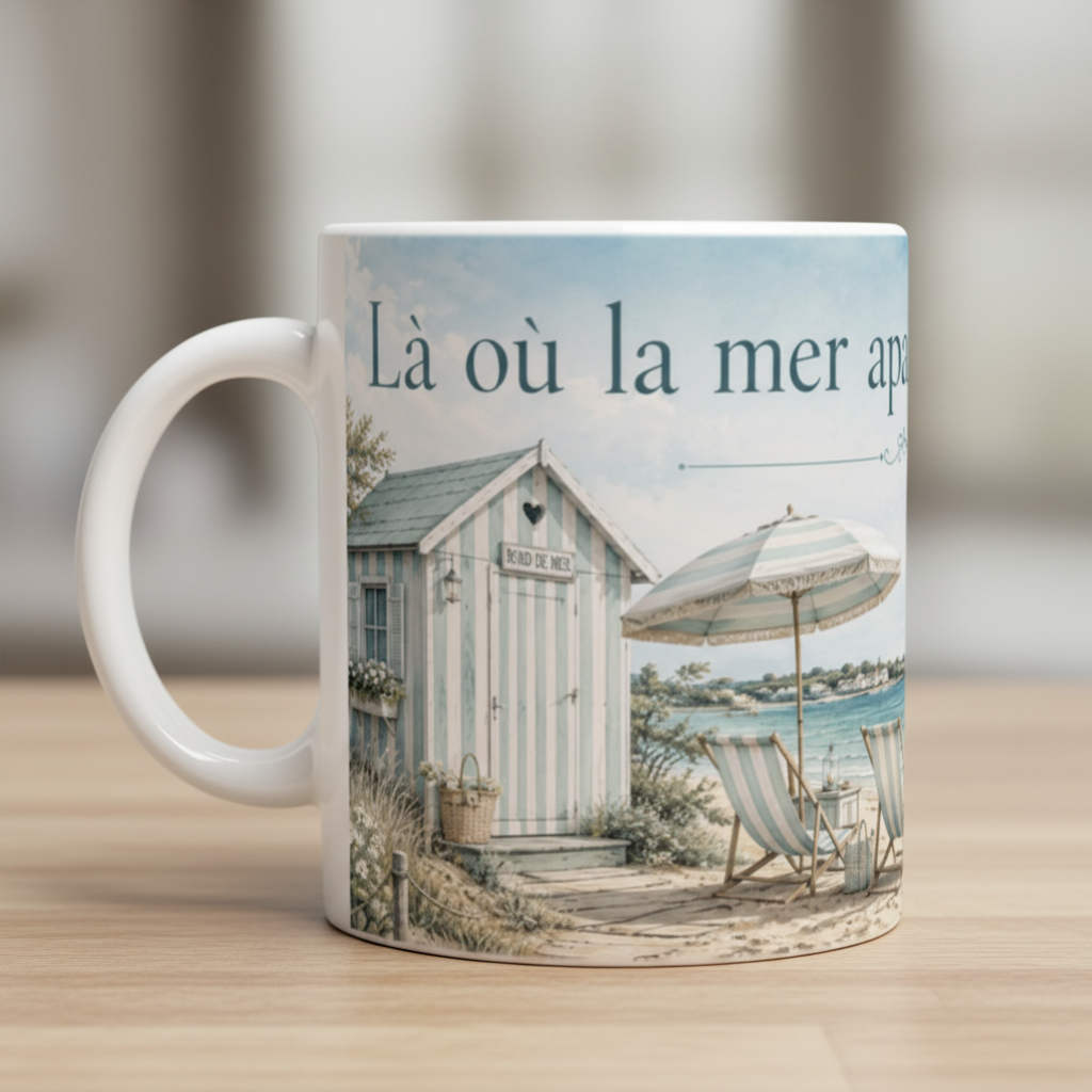 Zoom sur le design aquarelle du mug avec cabane rayee blanche transats parasol et texte poetique