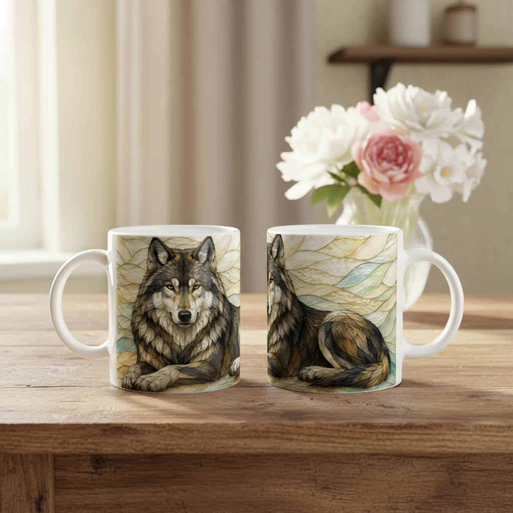 Les deux faces du mug loup vitrail sur table en bois, recto tête et verso corps couché