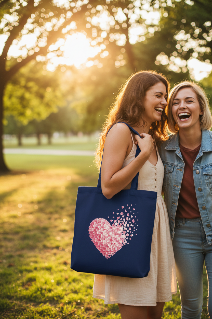 Sac tote bleu marine avec grand cœur rose en petits cœurs sur le devant