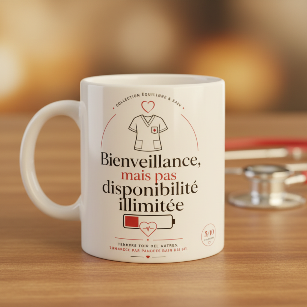 Mug blanc avec poignée, illustration et texte « Bienveillance… »