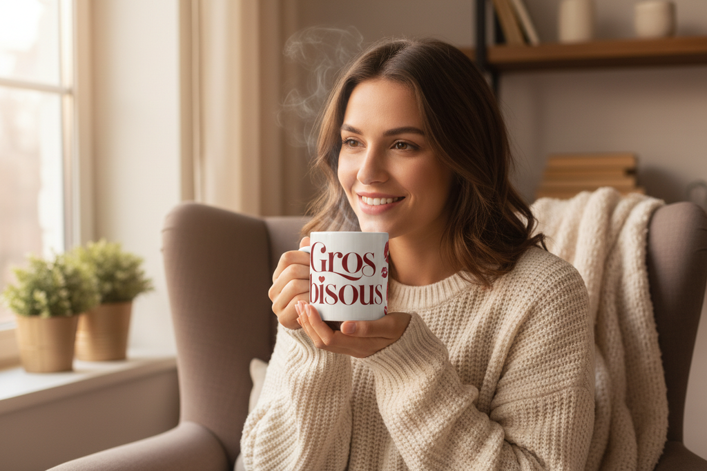 Femme souriante en pull douillet tenant le mug Gros Bisous près d'une fenêtre lumineuse