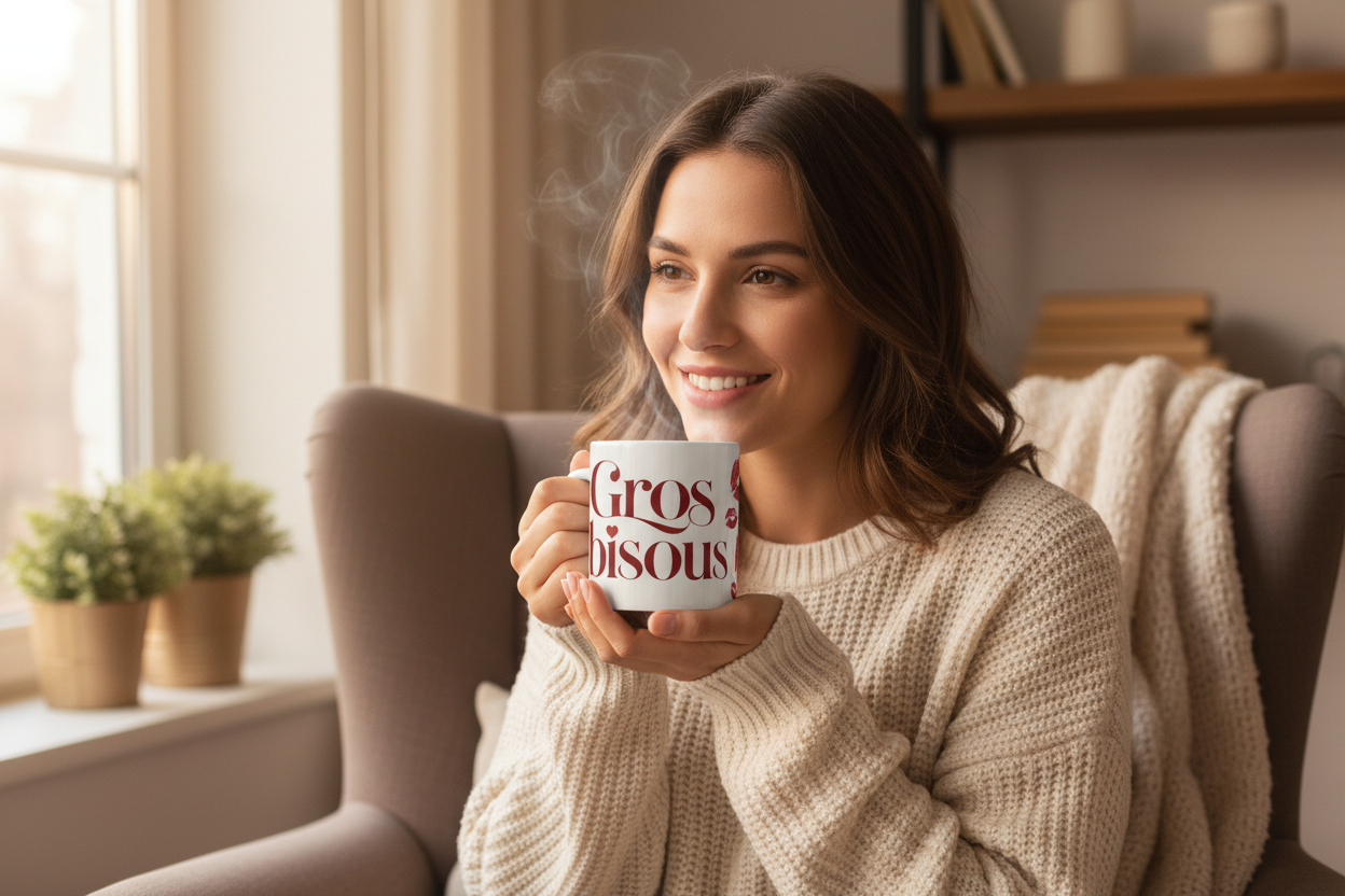 Femme souriante en pull douillet tenant le mug Gros Bisous près d'une fenêtre lumineuse