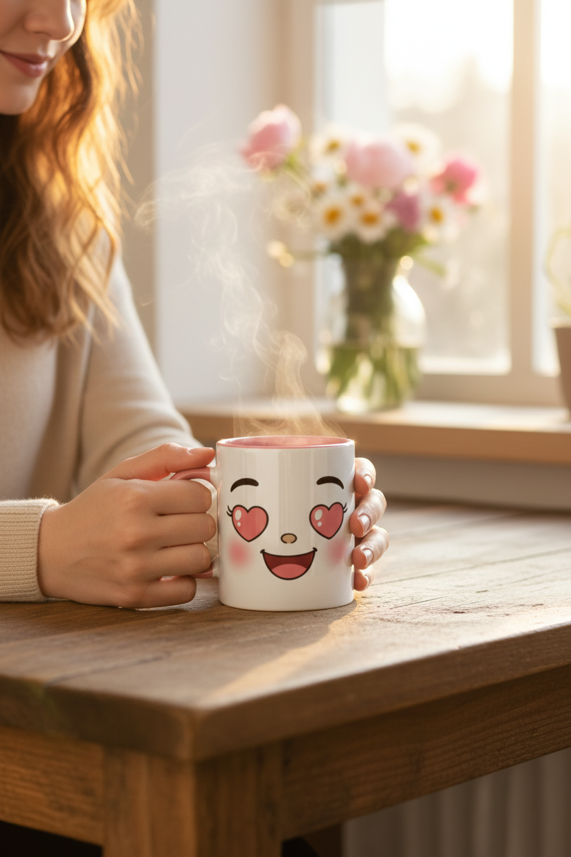 Mug en céramique blanche au visage kawaii avec cœurs rouges, anse latérale.