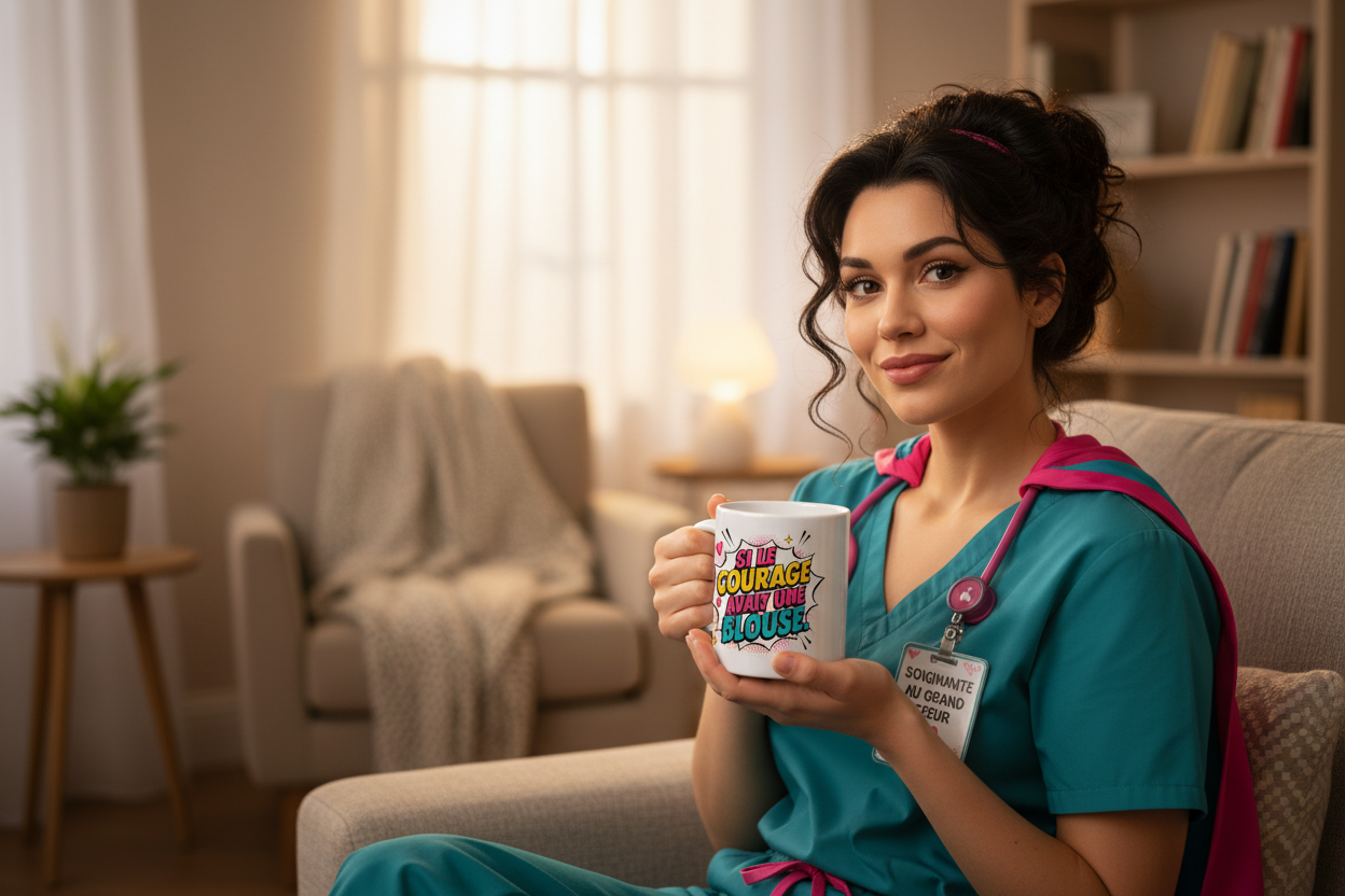 Mug blanc avec illustration d’infirmière et texte « Si le courage avait une… »