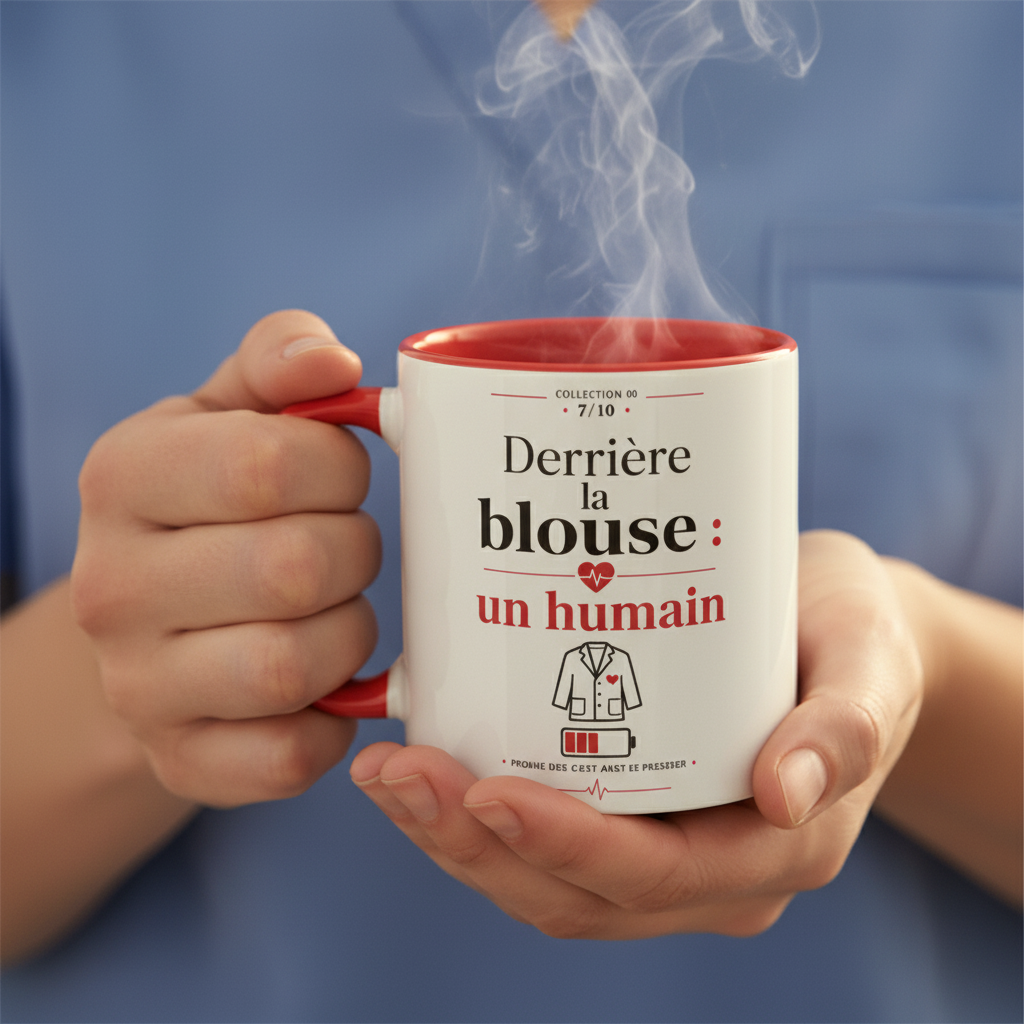 Mug blanc à poignée rouge, fumée au-dessus, motif de blouse et humain.