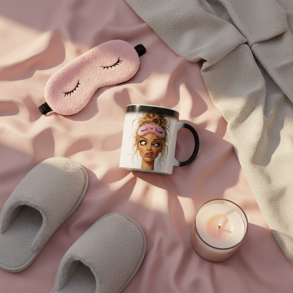 Flat lay mug magique noir humour femme sur draps roses avec masque de nuit et bougie, design tête du matin