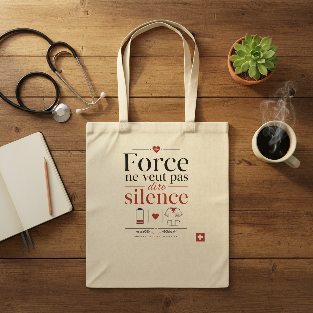 Sac cabas en toile beige, anses longues, imprimé « Force » et « silence »