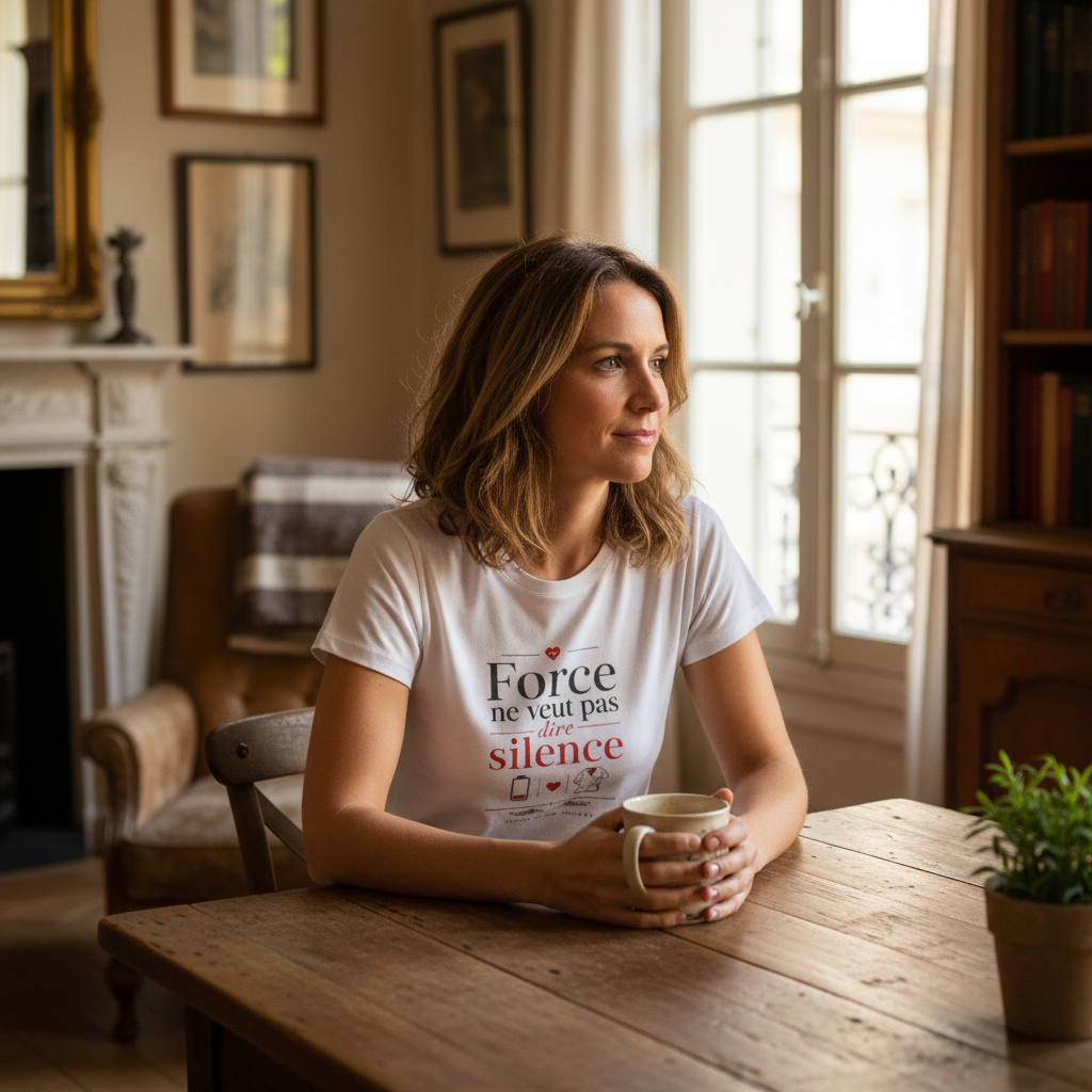 Femme portant un t-shirt blanc à col rond, imprimé « Force ne veut pas dire silence ».