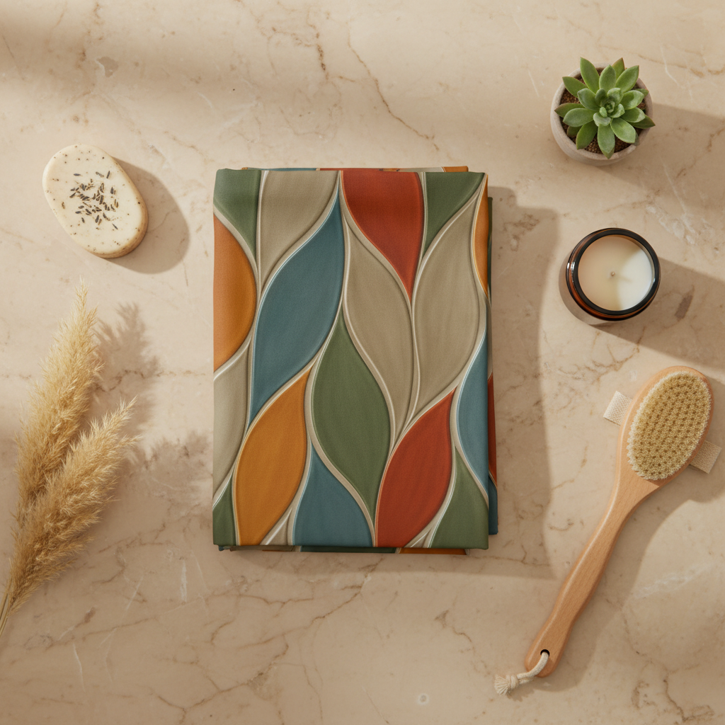 Rideau de douche plié, motifs vagues style vitrail bleu, vert, beige et orange.