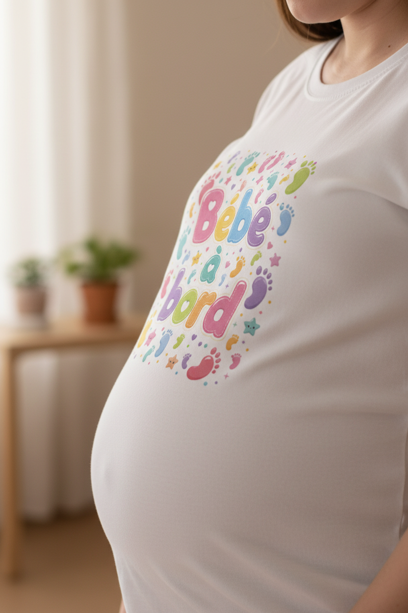 Zoom sur le design kawaii Bébé à bord coloré sur le ventre d'une future maman