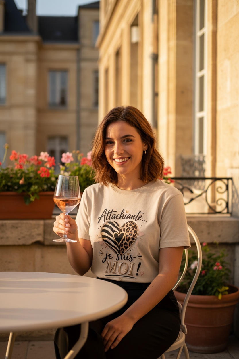 T-shirt Sand beige Attachiante je suis MOI porté en terrasse ensoleillée à Bordeaux