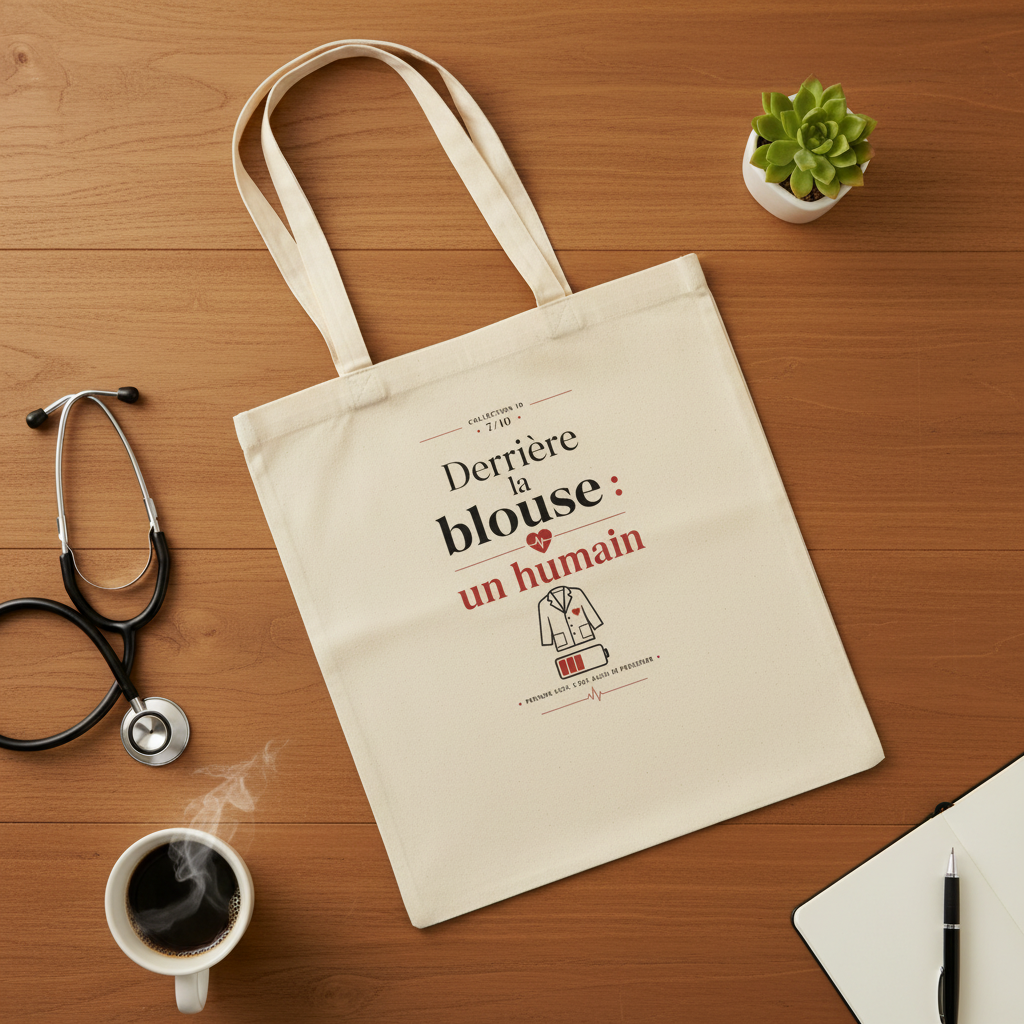 Tote bag en coton naturel à plat, anses et motif imprimé noir et rouge