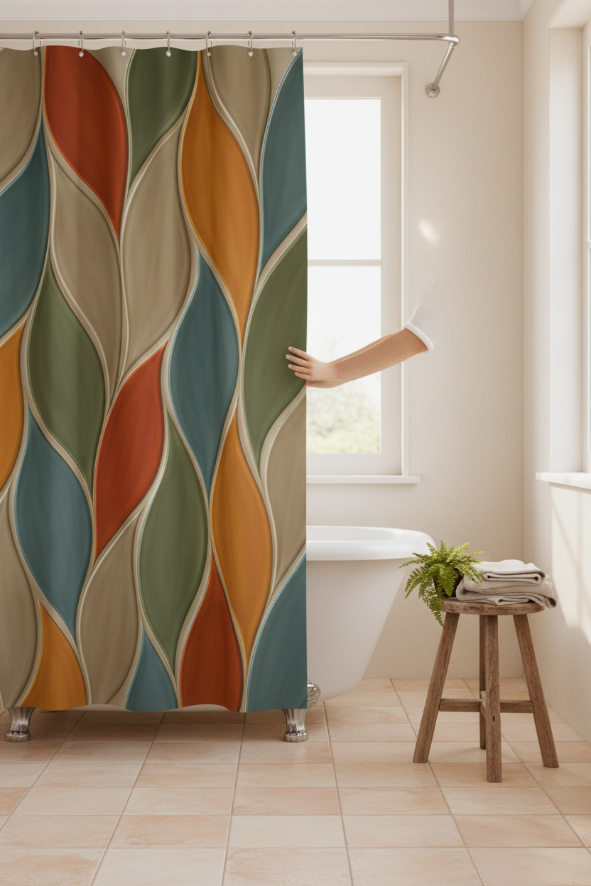 Rideau de douche motifs vitrail en vagues, bleu, vert, beige et orange, suspendu.