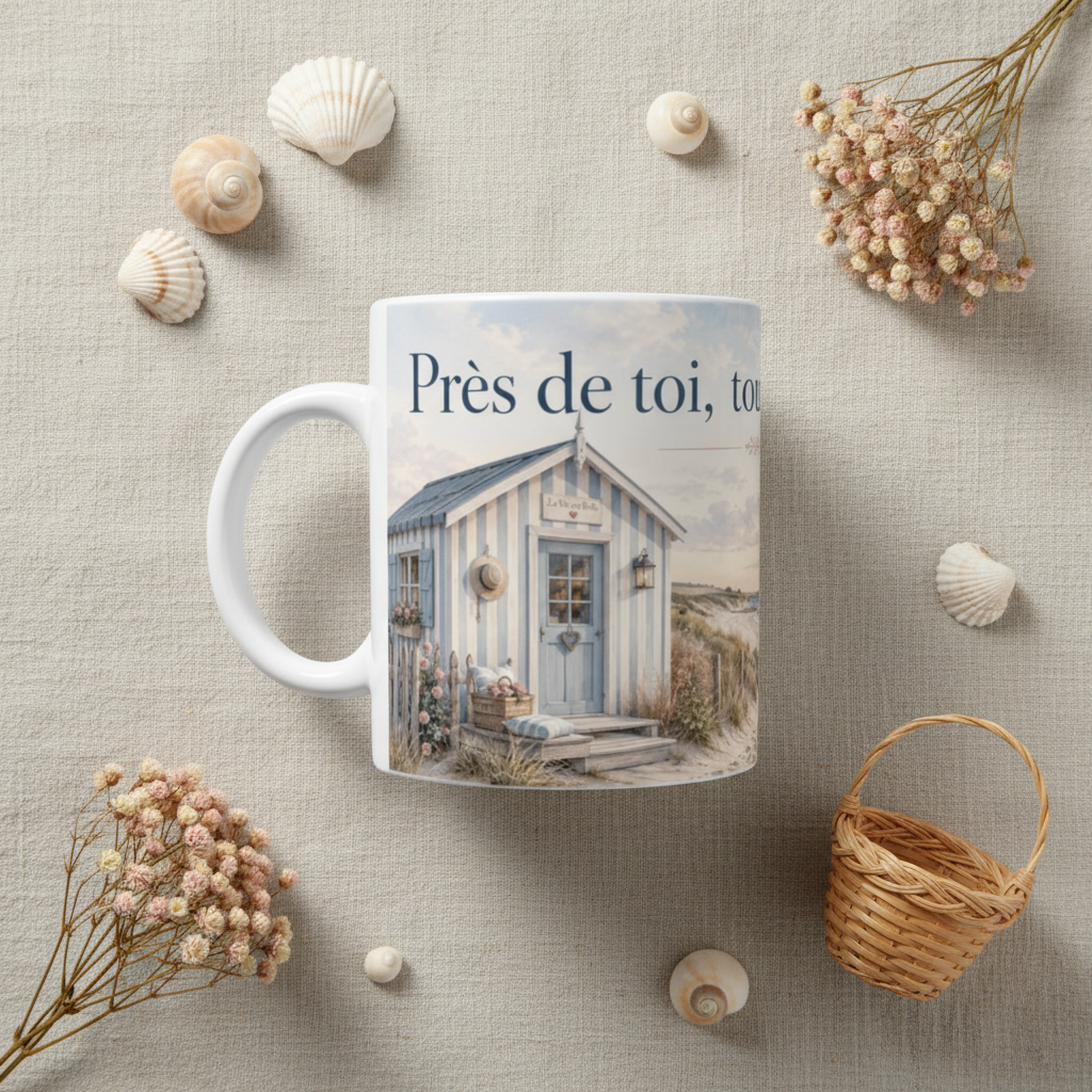 Flat lay mug cabane de plage bleue chapeau de paille avec coquillages et panier sur lin, ambiance romantique Arcachon