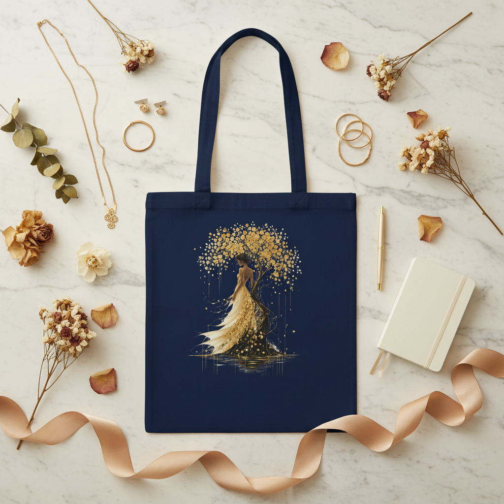 Sac cabas bleu marine avec motif arbre doré et silhouette de robe, anses longues