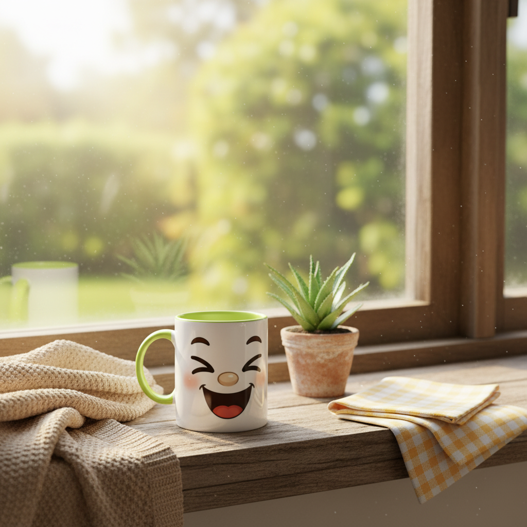 Mug en céramique blanc à anse verte, motif visage kawaii