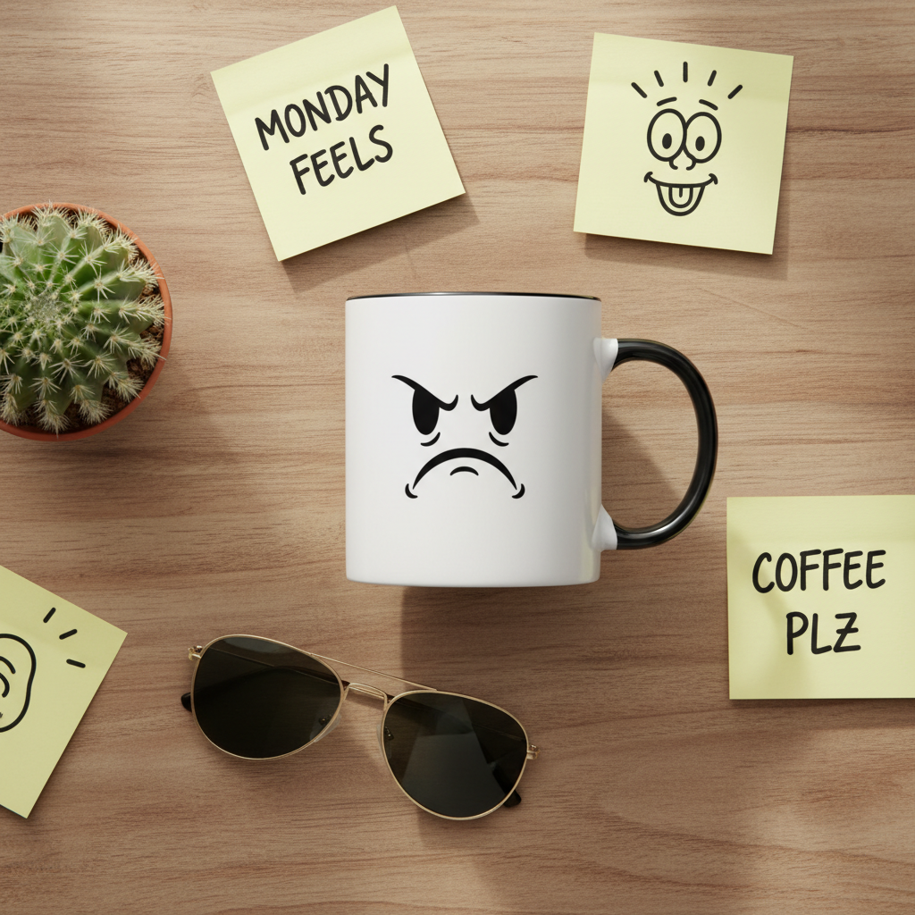 Mug blanc au visage grognon, avec lunettes et post-its autour