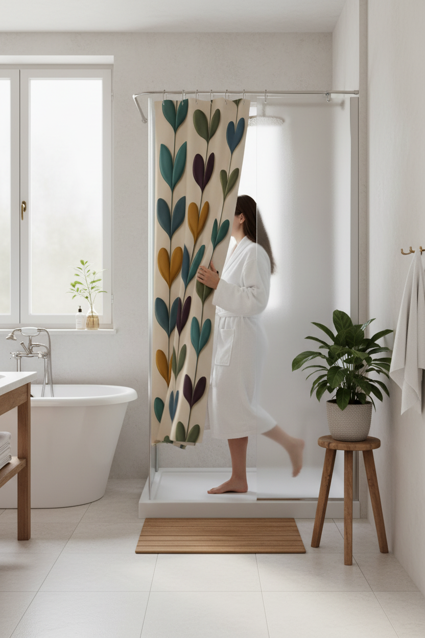 Rideau de douche à motif feuilles rétro sur fond clair, avec tringle et œillets.