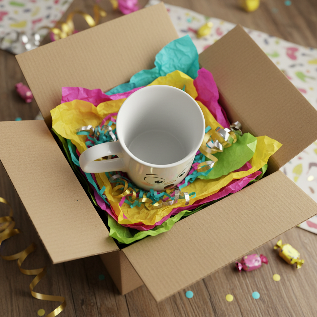 Mug blanc dans une boîte cadeau ouverte, visage kawaii et bouche ouverte