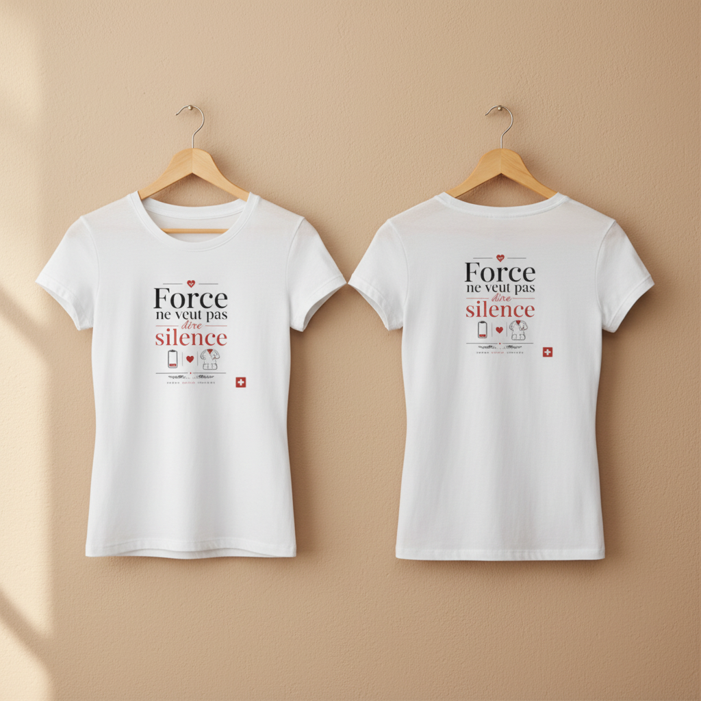 T-shirt blanc assorti, deux modèles avec imprimé « Force ne veut pas dire silence ».
