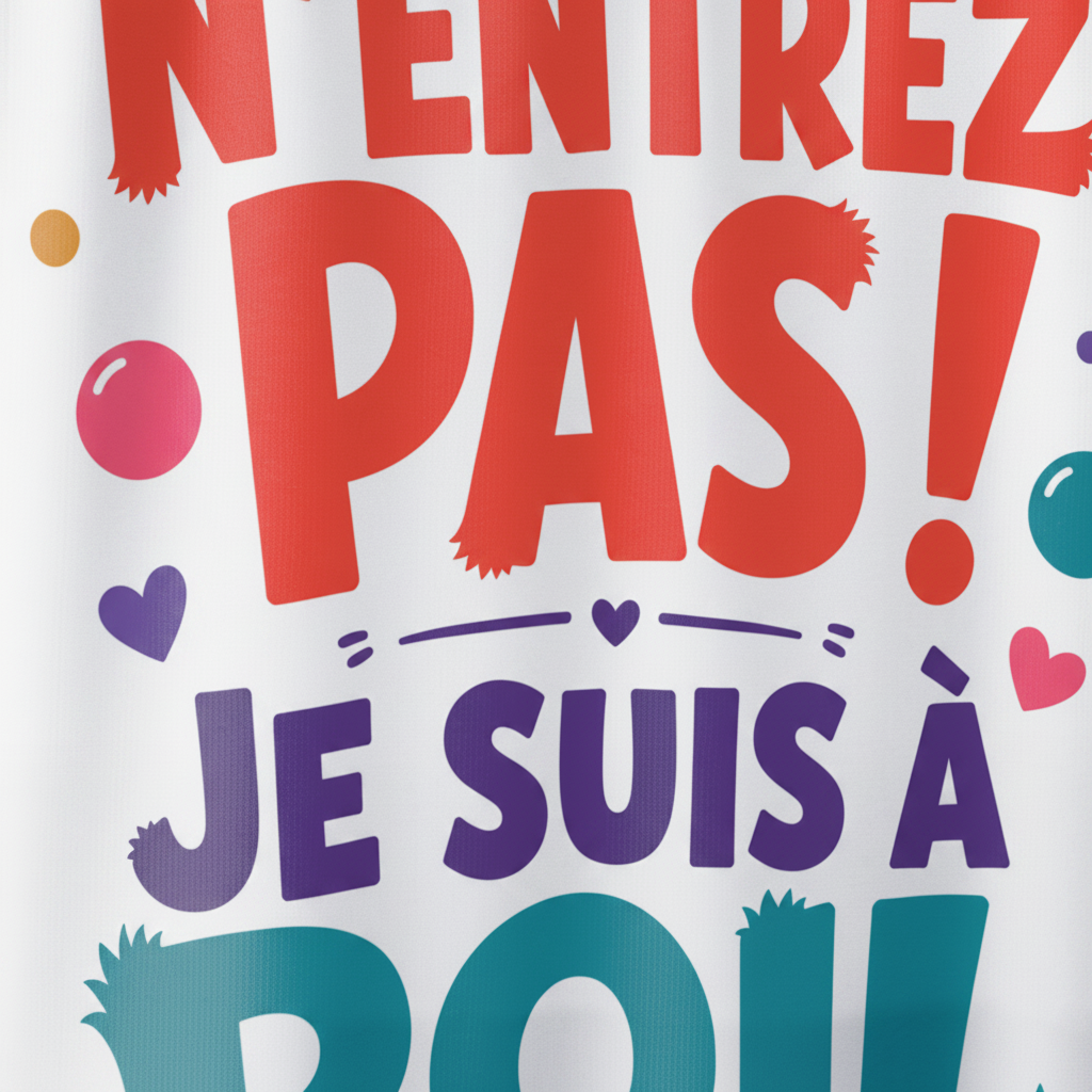 Rideau de douche blanc, zoom sur JE SUIS À POIL en violet et bleu turquoise.