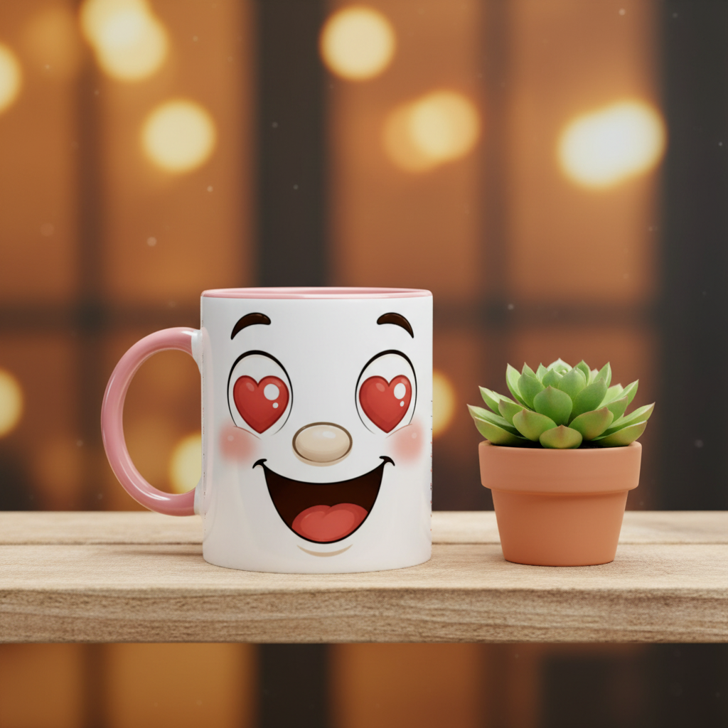 Mug en céramique blanche avec anse rose, visage kawaii et cœurs rouges, côté pot de plante.