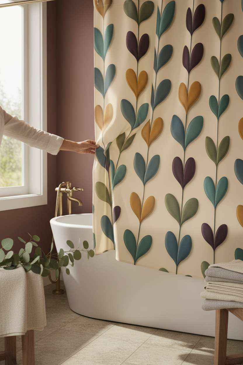 Rideau de douche à motifs feuilles multicolores sur fond clair, suspendu près de la baignoire.
