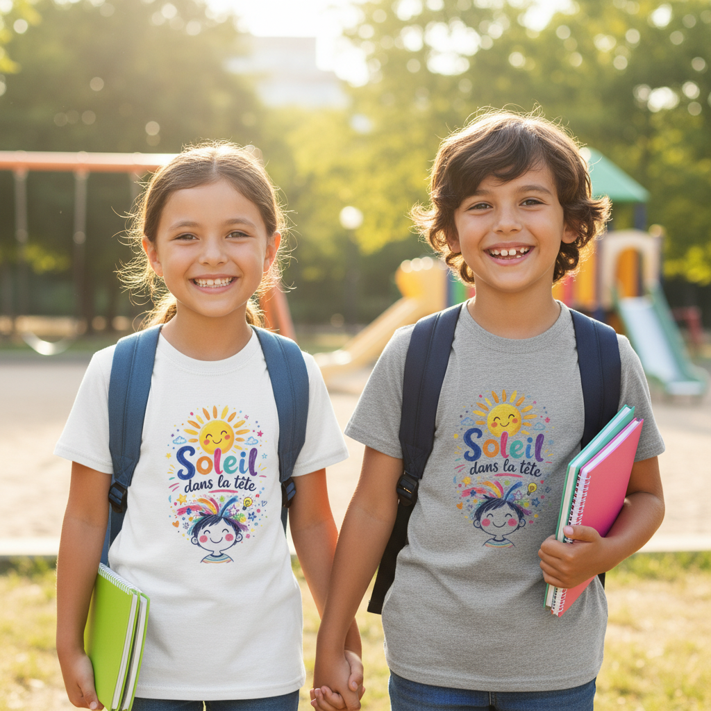Deux enfants portant le t-shirt Soleil dans la tete, blanc et gris chine, de face souriants