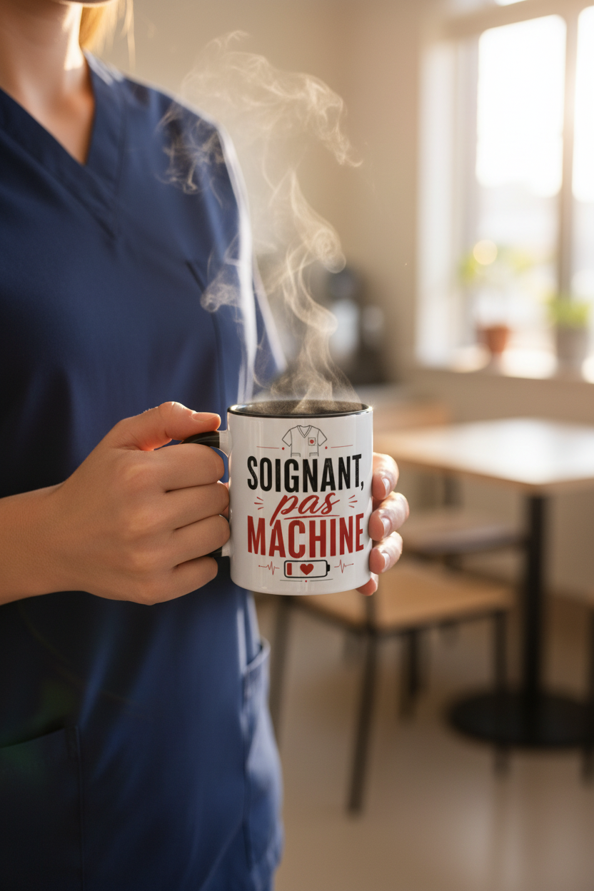 Mug céramique blanc à anse noire, imprimé « Soignant, pas machine » avec vapeur.