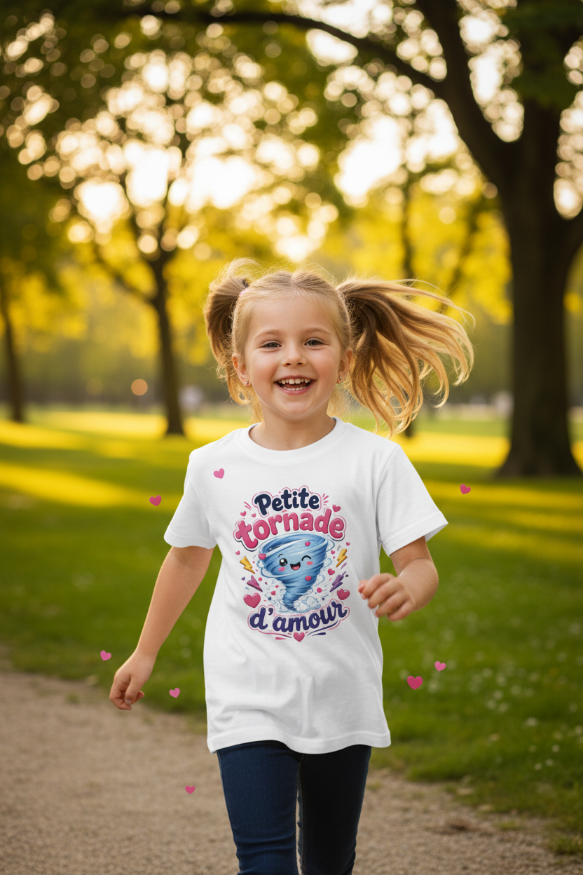 Petite fille en t-shirt blanc Petite tornade d'amour qui court et rit dans un parc ensoleille de Bordeaux