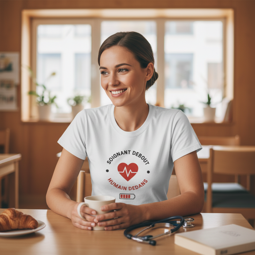 T-shirt blanc porté, imprimé cœur rouge ECG, texte noir « Soignant Debout » et rouge.