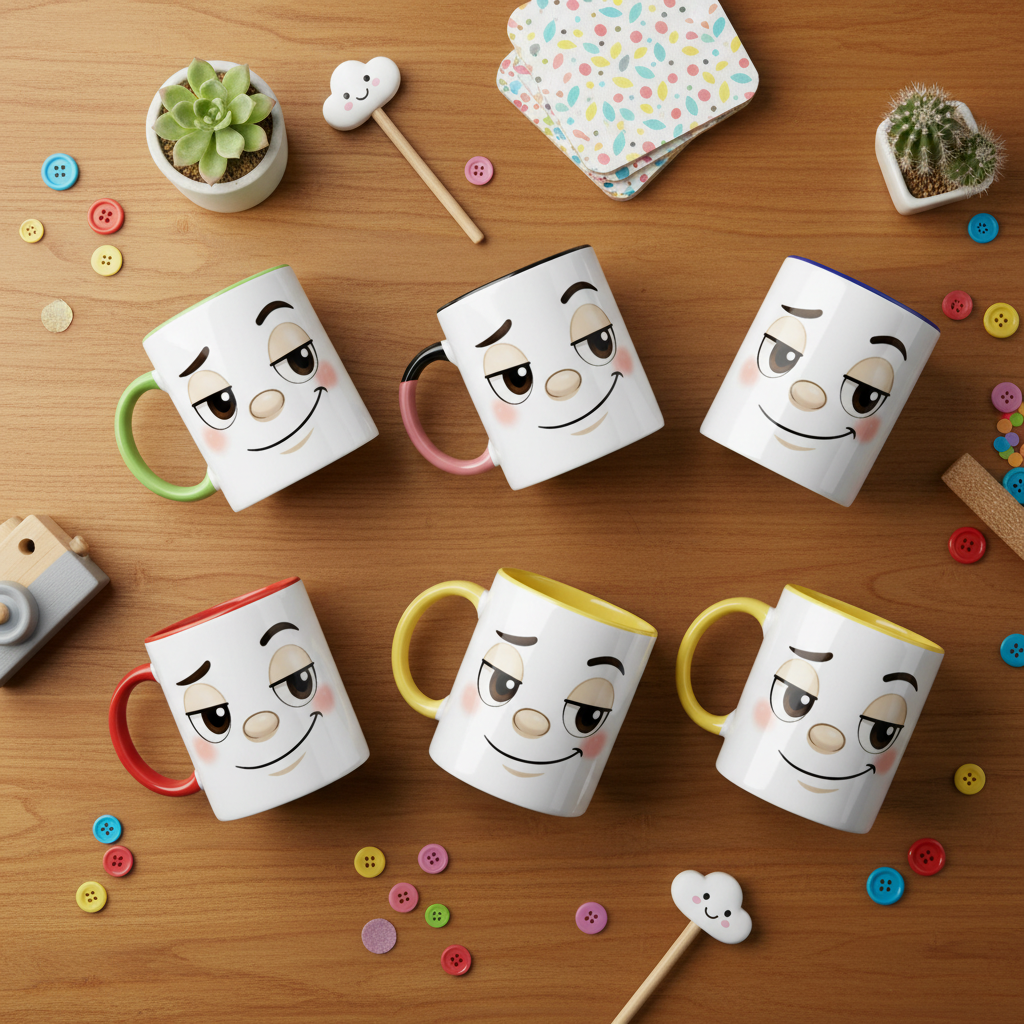 Mugs en céramique aux visages kawaii, anses de plusieurs couleurs