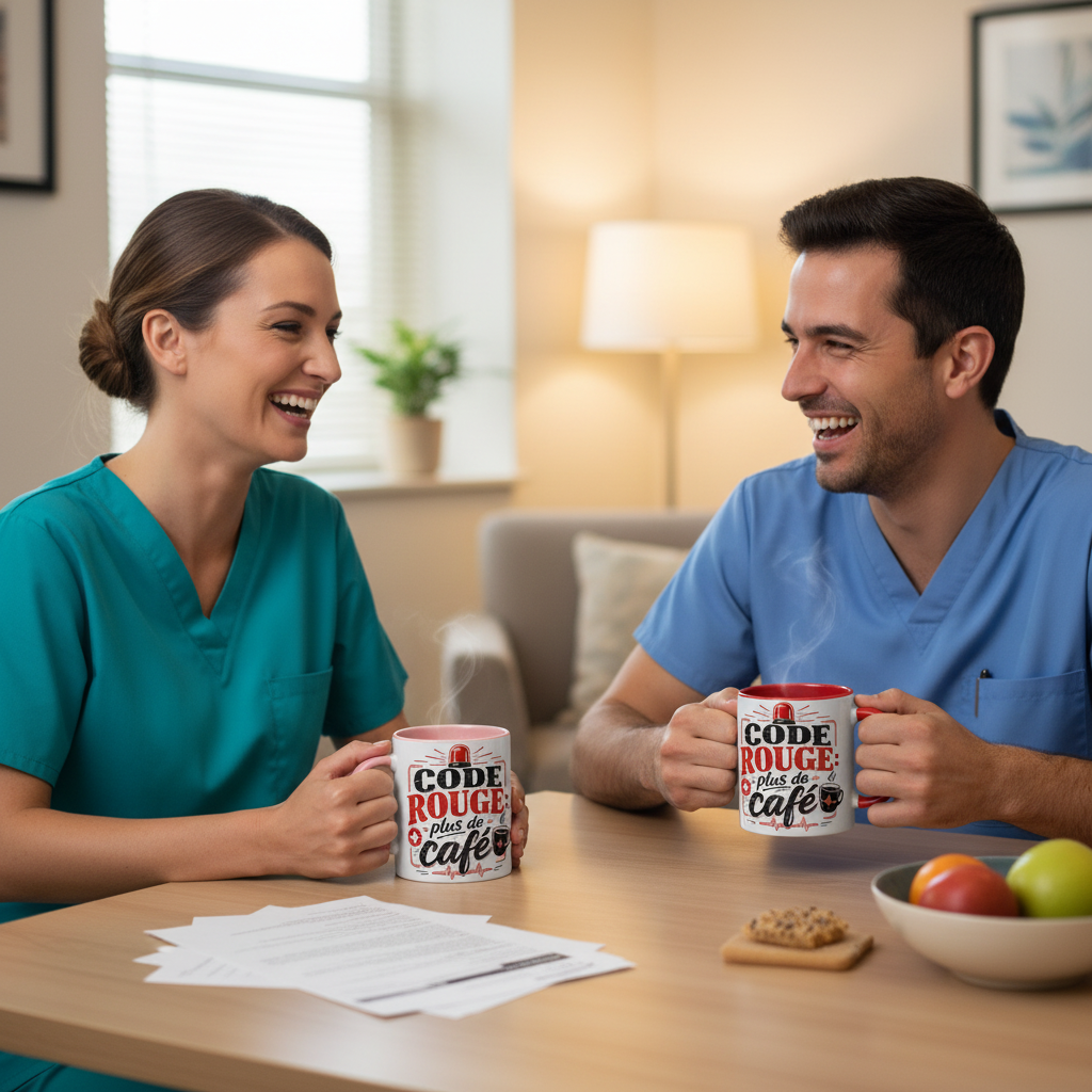 Deux soignantes en scrubs souriant avec leurs mugs Code Rouge Plus de Cafe dans une salle de pause