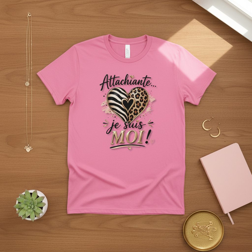 T-shirt femme rose fuchsia avec imprimé cœur léopard zébré et texte « je suis MOI »