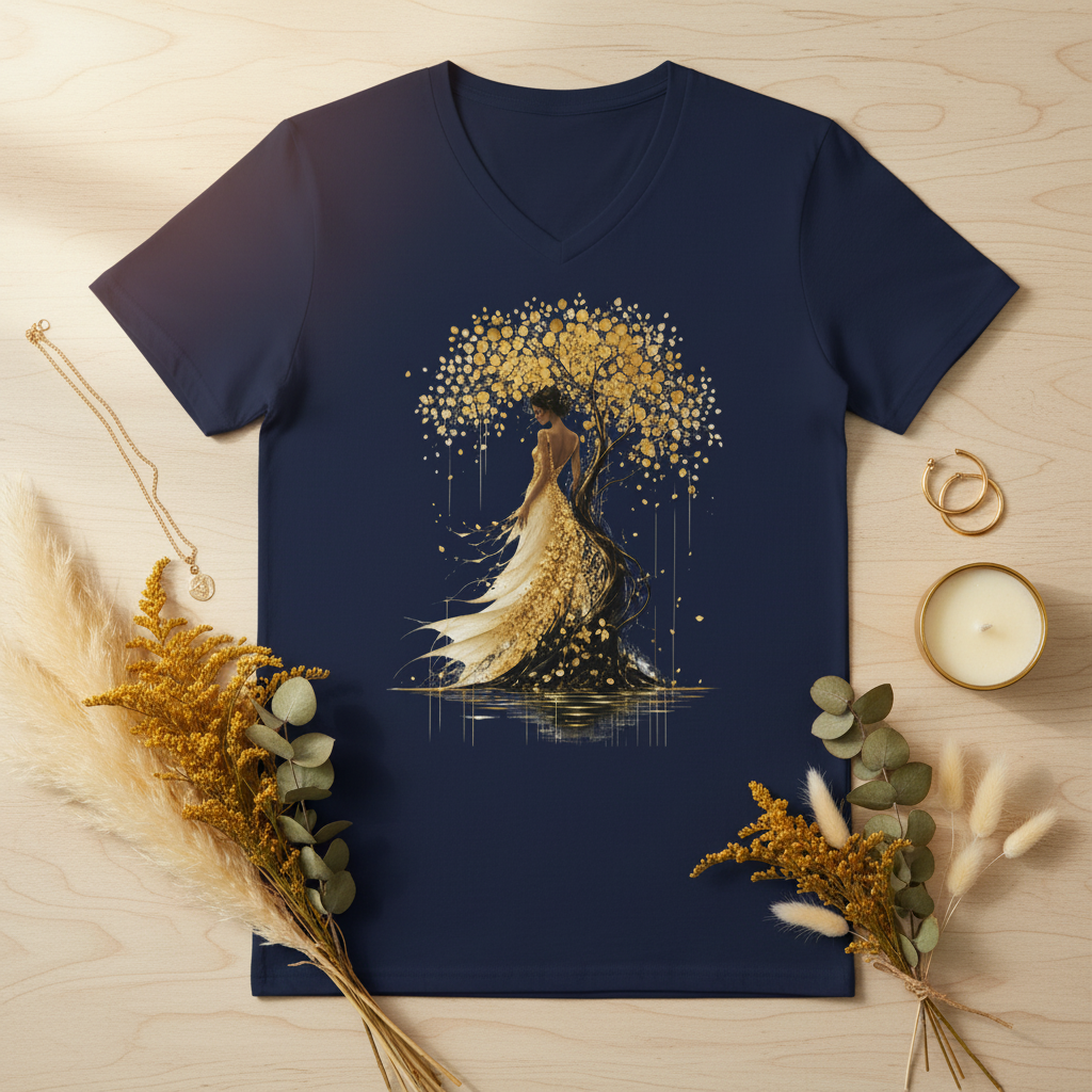 T-shirt femme bleu marine à col V, motif arbre doré avec silhouette de femme