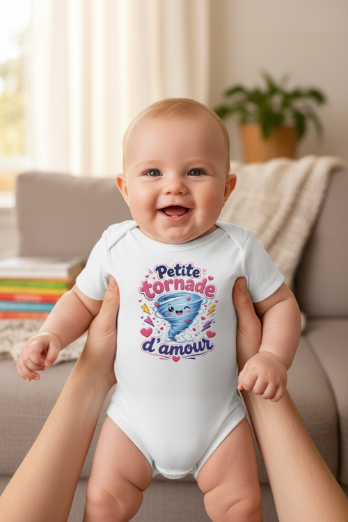 Body bébé blanc avec motif « Petite tornade d'amour » sur le devant