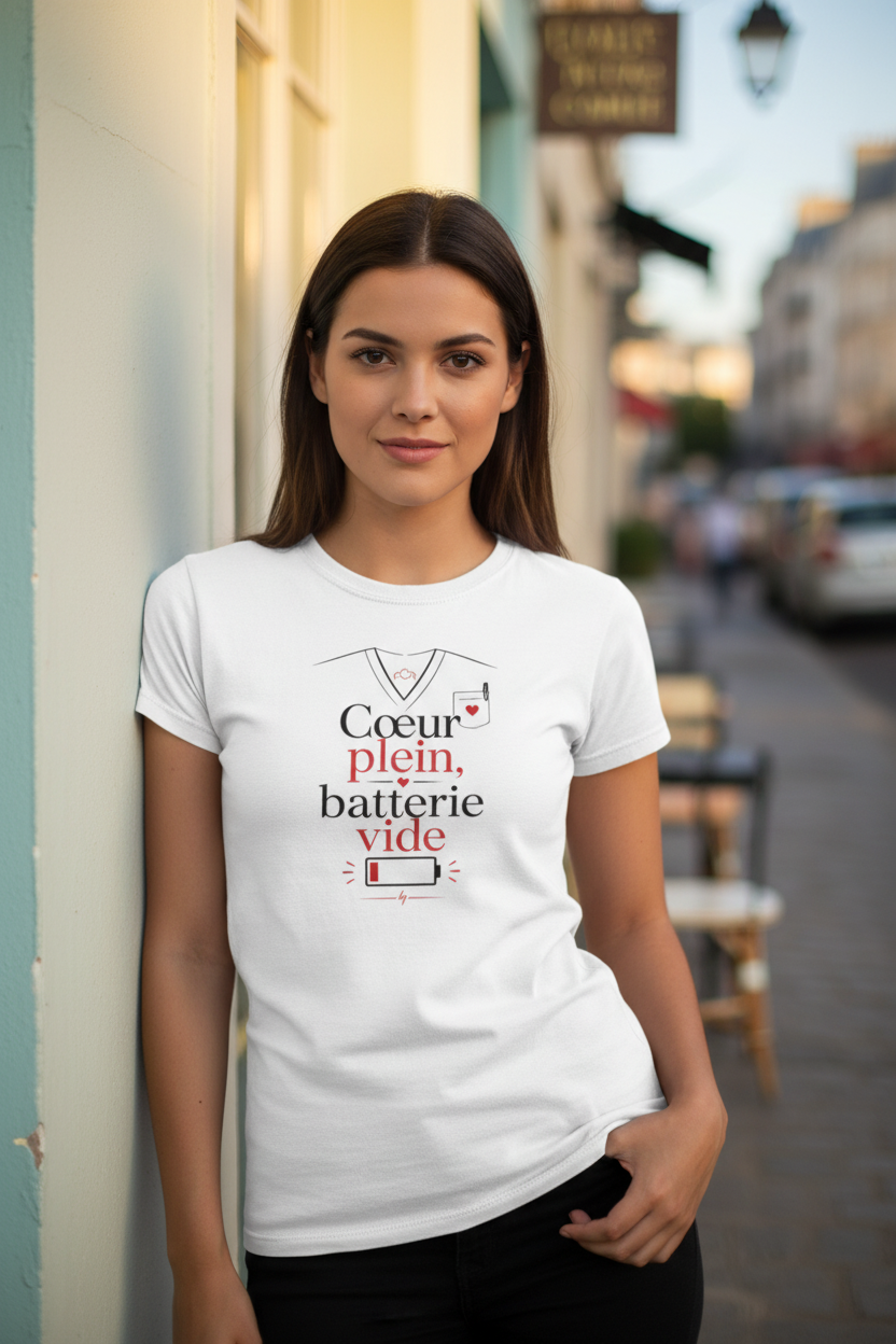 T-shirt blanc à motif cœur et batterie vide, col rond, porté