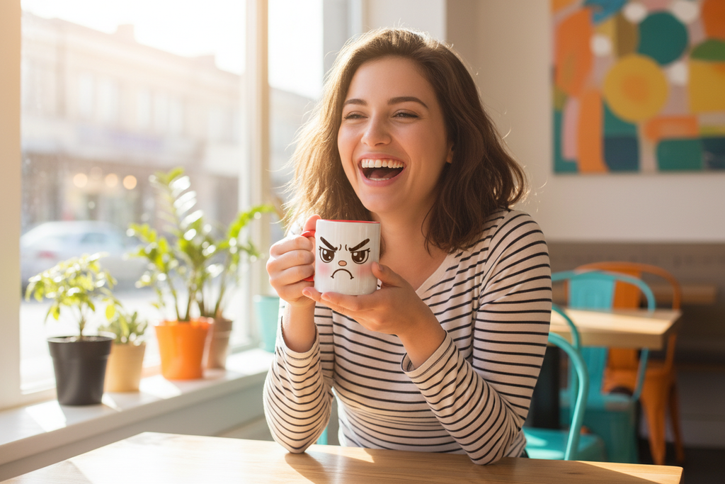 Mug blanc en céramique avec visage kawaii en colère, anse visible, présenté en main.
