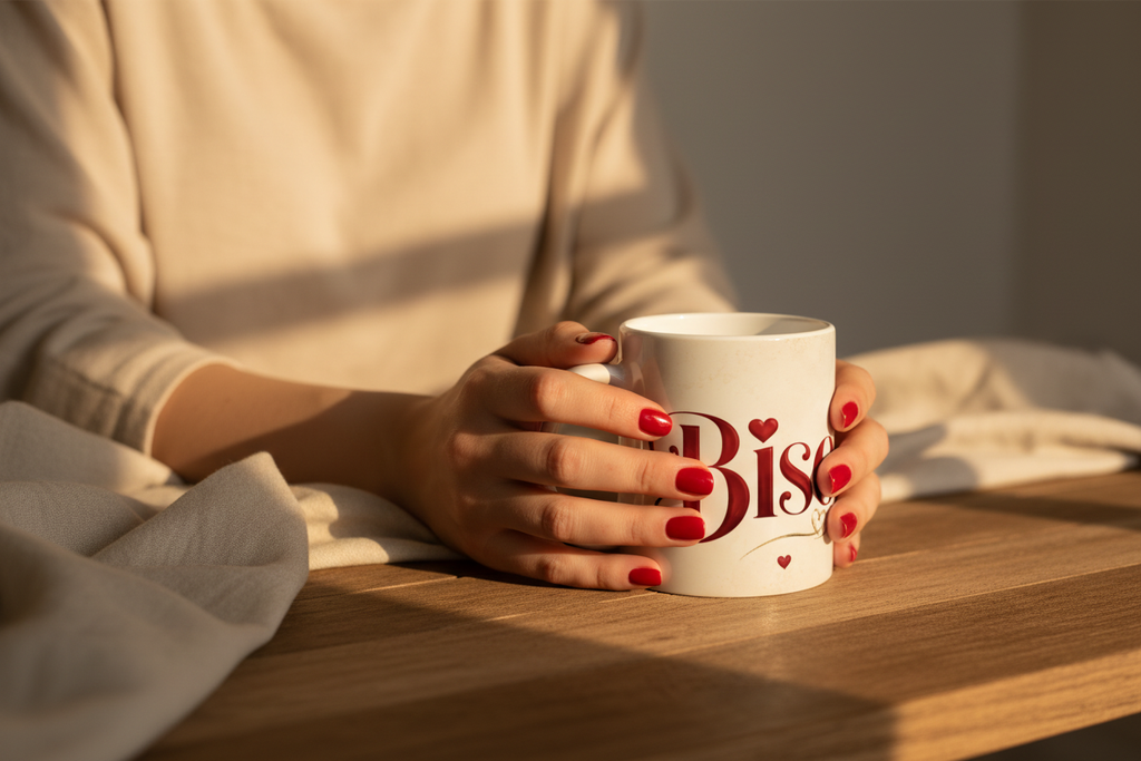 Mug Bisous tenu par des mains féminines aux ongles rouges dans une ambiance cosy matinale