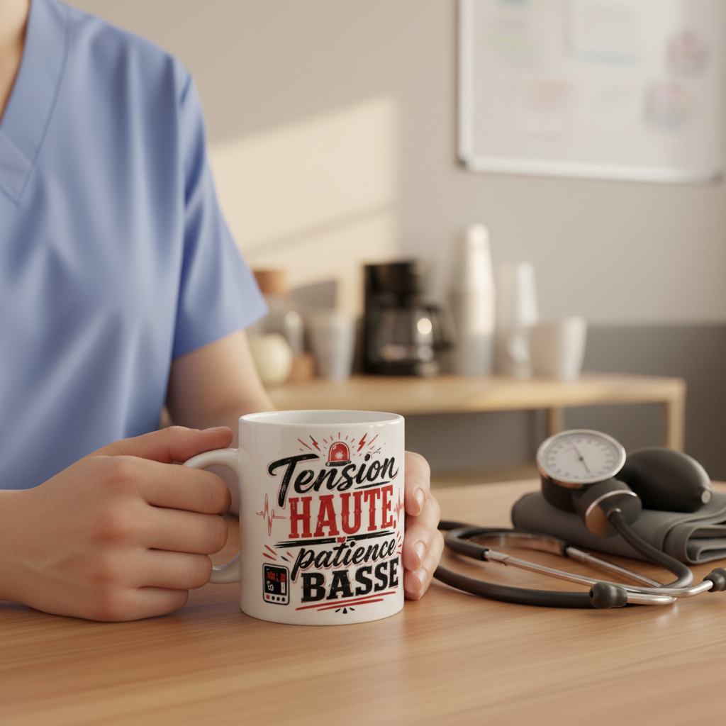 Mug en céramique blanc posé, impression « Tension HAUTE patience BASSE ».